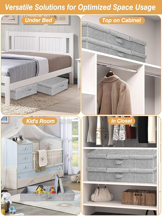 punemi Under Bed Storage With Lids, 2 Pack Large Underbed Storage Containers Clothes W/ 3 Handles, Foldable Low Profile Stackable Drawer Organizer Bins Box for Blanket Shoe Bedroom, 31.1*15.7*6inch