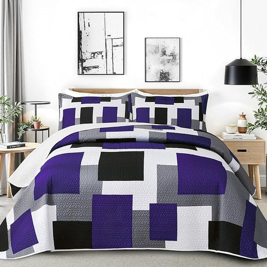 3 Piece Dark Purple Grey Quilt Set California King Size Black White Geometric Reversible Bedding Set Microfiber Lightweight Bedspread Coverlet with 2 Shams Bed Covers for All Season, 118''x106''