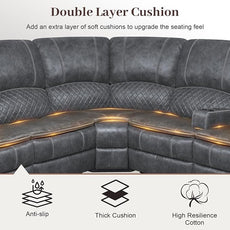 Manual Reclining Sectional Sofa Set, 7 Seats Soft Dutch Velvet Recliner Corner Sectional Couch, Family-Sized L-Shaped Recliner Couch with USB Charging, Thickened Padding, Sturdy Frame, Grey