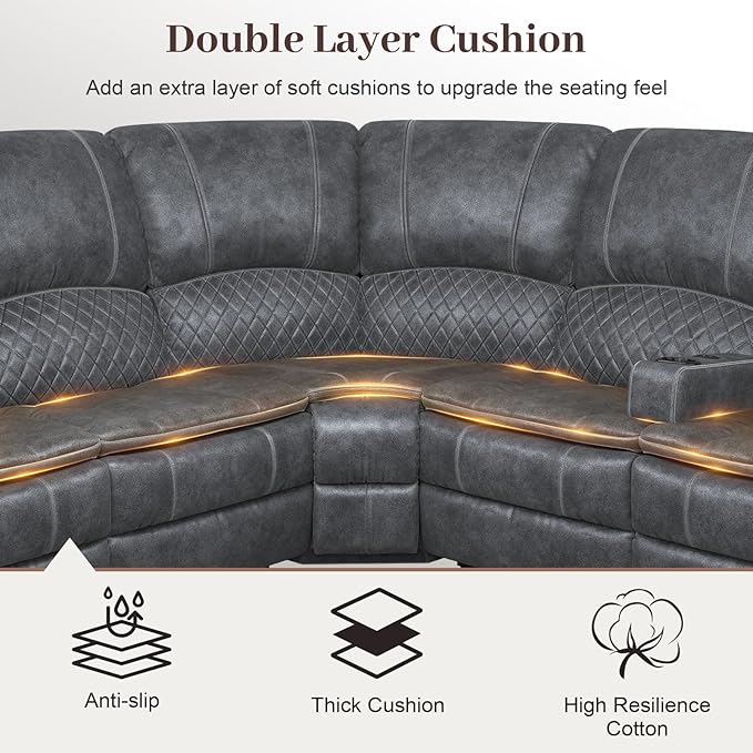 Manual Reclining Sectional Sofa Set, 7 Seats Soft Dutch Velvet Recliner Corner Sectional Couch, Family-Sized L-Shaped Recliner Couch with USB Charging, Thickened Padding, Sturdy Frame, Grey