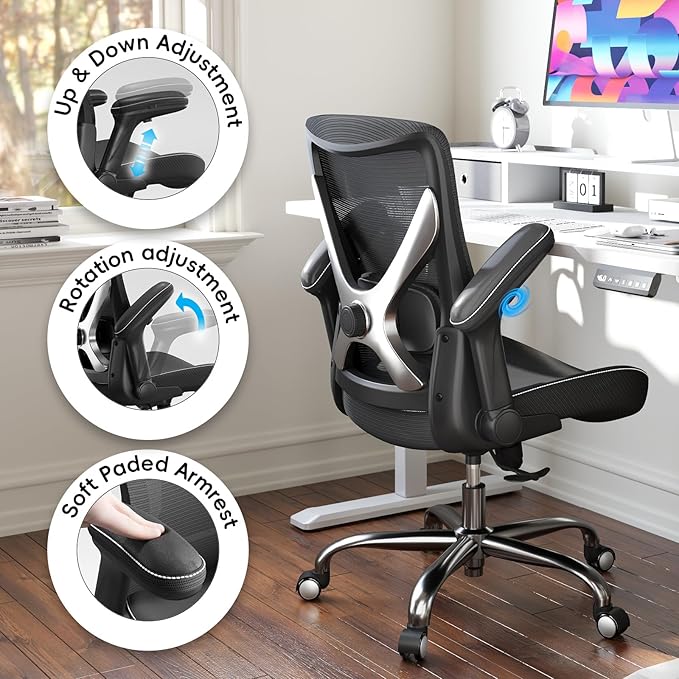 Office Home Ergonomic Desk Chair-Computer X-Shaped Chair Mesh PU Leather with Adjustable Lumbar Support-Executive Chair High Back Flip-Up Arms for Long Hours (Black-Silver-No Headrest)