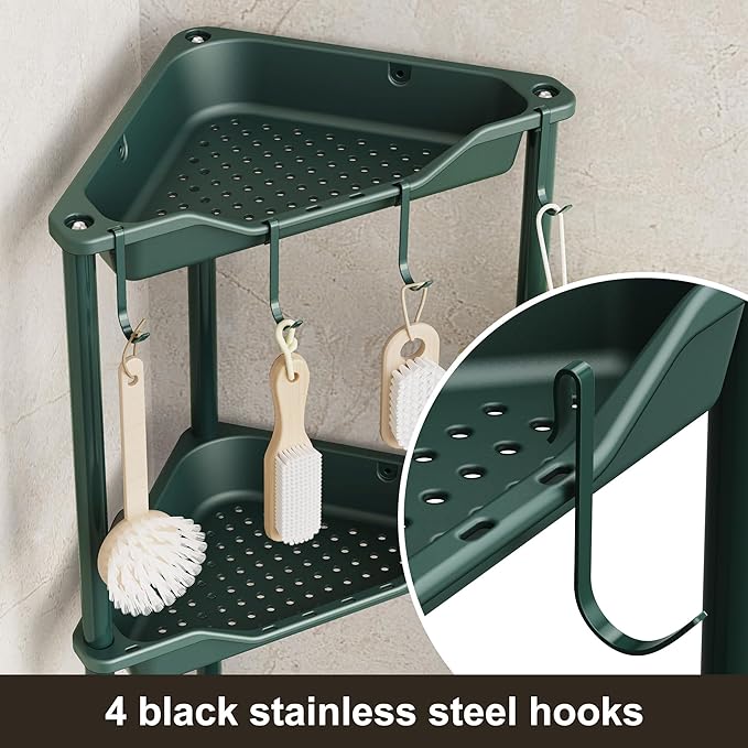 Orimade Rustproof 3 Tier Floor Standing Corner Shower Caddy Organizer, Plastic Metal Splicing Floor Corner Shelf Rack Stands for Bathroom, Dark Green