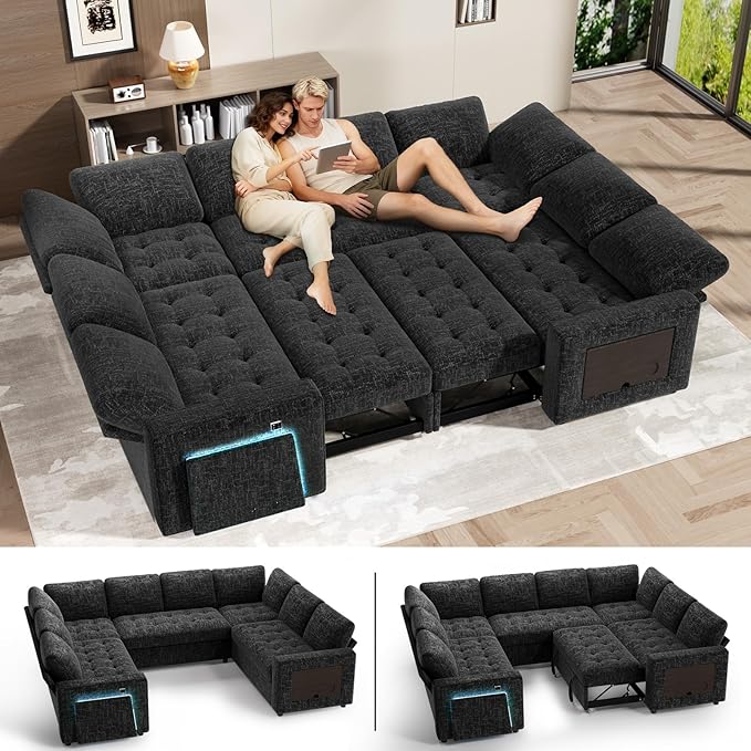 WEUP 8 Seat U Shaped Sectional Sleeper Sofa Bed with Pull Out Bed, Chenille Sectional Sleeper Couch with Adjustable Backrest, USB Ports, LED, Side Table, Tool-Free Assembly, Chenille Black