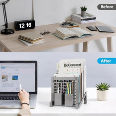 File Organizer for Desk with Storage Box & Hook, Inclined File Organizer with 5-Section Vertical File Holder suitable for Home Office Document Organization (Desk Gray)