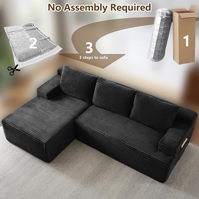 96" Modular Sectional Sofa Couches L-Shape Couch 3 Seat Modular Sofa Corduroy Memory Foam Sectional Boneless Couches for Living Room, Cloud Couch with Oversized Chaise(Dark Black, Left Facing)
