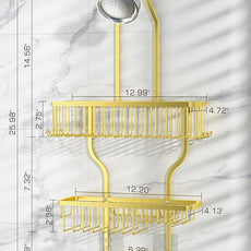 YASONIC Never Rust Shower Caddy Hanging Organizer - Aluminum Over-the-Showerhead Rack With 10 Hooks for Razor/Sponge and Soap Basket - Gold