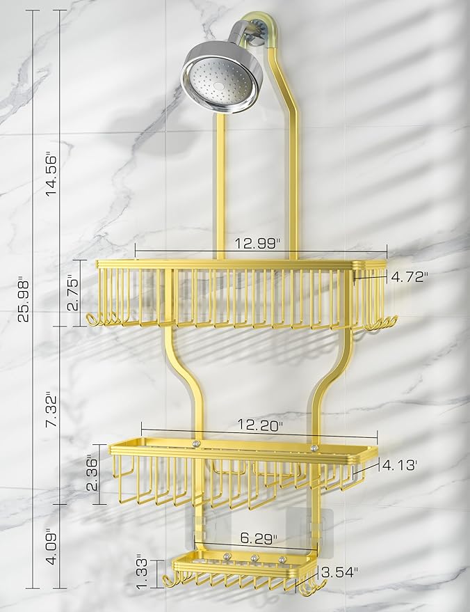 YASONIC Never Rust Shower Caddy Hanging Organizer - Aluminum Over-the-Showerhead Rack With 10 Hooks for Razor/Sponge and Soap Basket - Gold