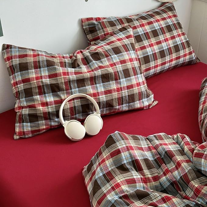 VM VOUGEMARKET Buffalo Gingham Duvet Cover Set Queen,3 Pieces Washed Cotton Bedding Set,Breathable Luxury Plaid Duvet Cover with Zipper Closure for Christmas (Red&Brown)