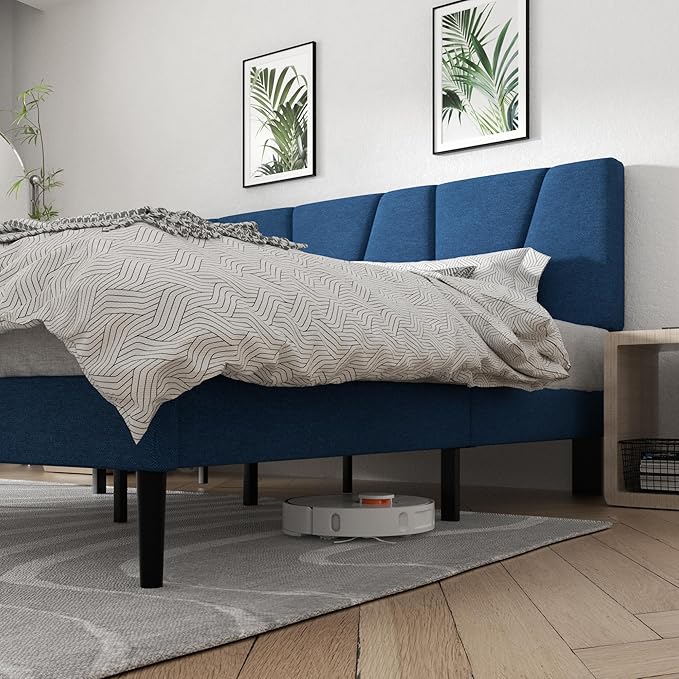 Full Size Platform Bed Frame with Geometric Upholstered Headboard, Noise Free, Wooden Slats Support, No Box Spring Needed, Easy Assembly, Blue, Linen