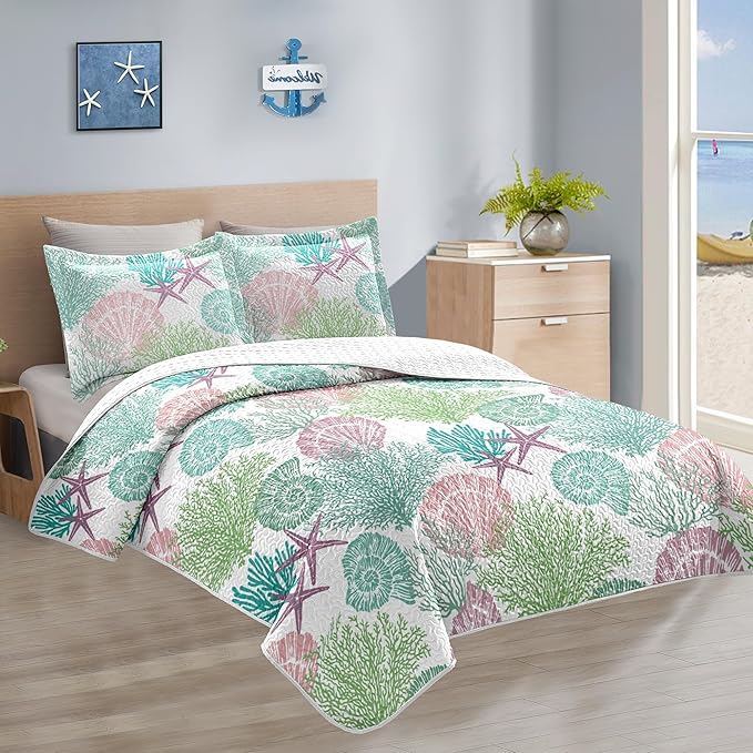 Tritard 3 Piece Coastal Quilt Sets Full/Queen Size - Reversible Microfiber Quilts with 2 Shams Soft Lightweight Beach Bedding Nautical Bedspread Coverlet Summer Comforter for All Season, 90''x96'', C5