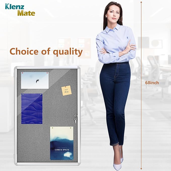 36"x24" Enclosed Bulletin Board Tamper-Proof Dispaly Case,Grey Fabric&Aluminium Frame,Shatter Resistant Lockable Bulletin Board with Clear Acrylic Door for School,Office,Mall,Community,Hospital,Church