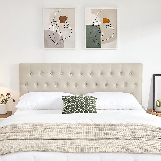 Kingfun Headboards for King Size Bed in Modern Button Design, Premium Linen Fabric Upholstered Tufted Bed Headboard, Adjustable Solid Wood Head Board, Beige
