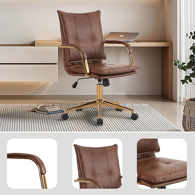 MOJAY Mid-Back Ergonomic Leather Office Desk Chair, Modern Upholstered Computer Chair, Executive Office Chair with Arms, Swivel Adjustable Rolling Chair with Gold Base (Brown)