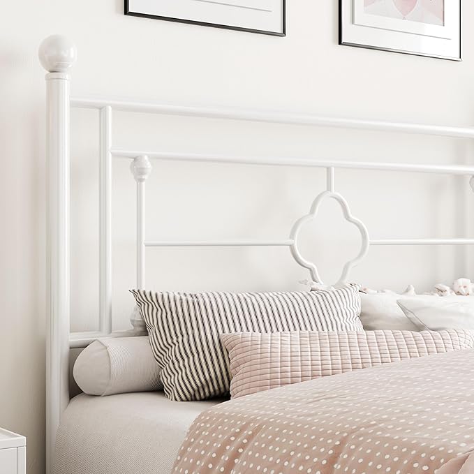 SHA CERLIN 14 Inches Full Size Metal Platform Bed Frame/Vintage Iron-Art Headboard and Footboard/Mattress Foundation for Storage/No Box Spring Needed/Noise-Free/Easy Assembly/White