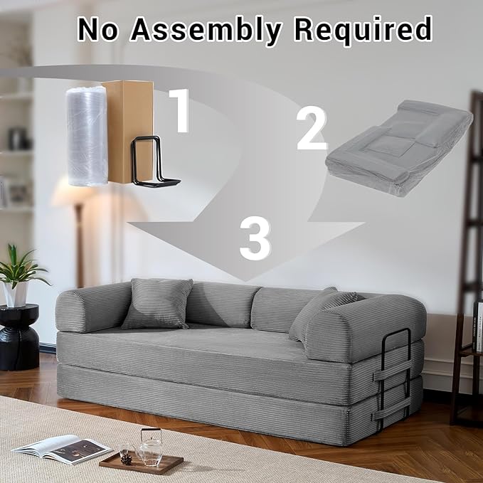 Compressed Sofa, Convertible Sofa Bed, Corduroy Compression Boneless Couch with Pillow, Comfy Modular Foldable Floor Sleeper Sofa for Bedroom, Living Room, Lounge, Studio (Light Gray)