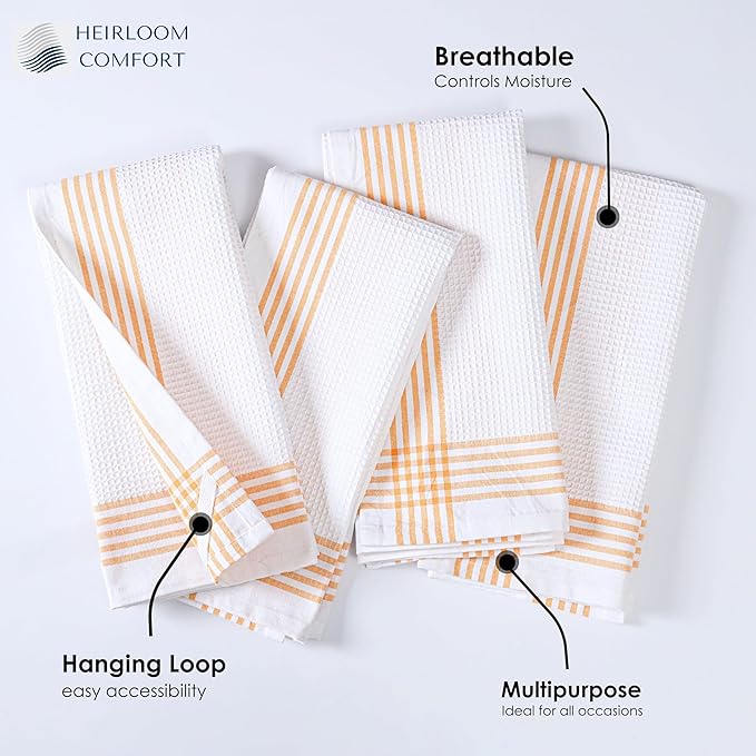 Mustard Yellow and White Waffle Kitchen Towels 12 Pack, 100% Cotton, 16x26 Inch, Super Absorbent, Quick Dry Dish Towels, Reusable & Soft Dishcloths for Kitchen Cleaning