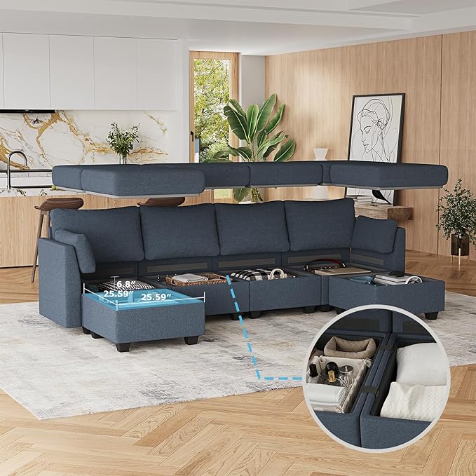 114.17" Modular Sectional Sofa, 6 Seat Modular Couch with Storage, Memory Foam, Convertible Sectional Couches for Living Room, U Shaped Comfy Modular Sofa with Chaise, Blue Grey