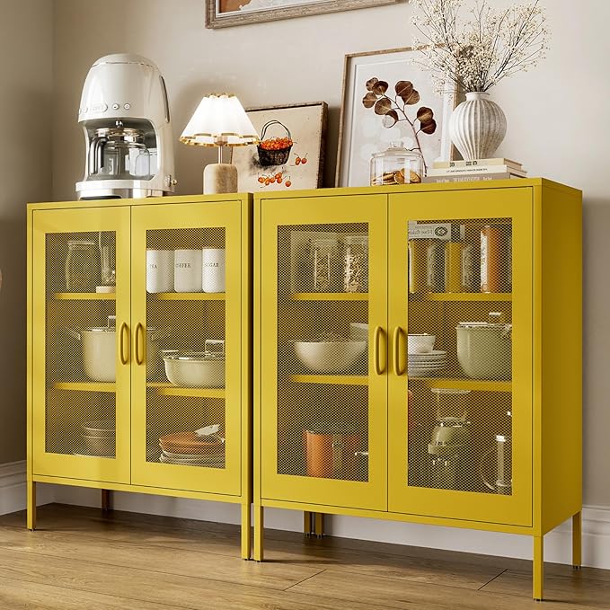 40"H Yellow Metal Cabinet,Locker Storage Cabinet,Bathroom Floor Storage Cabinet,Small Yellow Cabinets with 4 Doors,Freestanding Sideboard,Pantry Food Cabinet for Hallway,Home Office, Kitchen