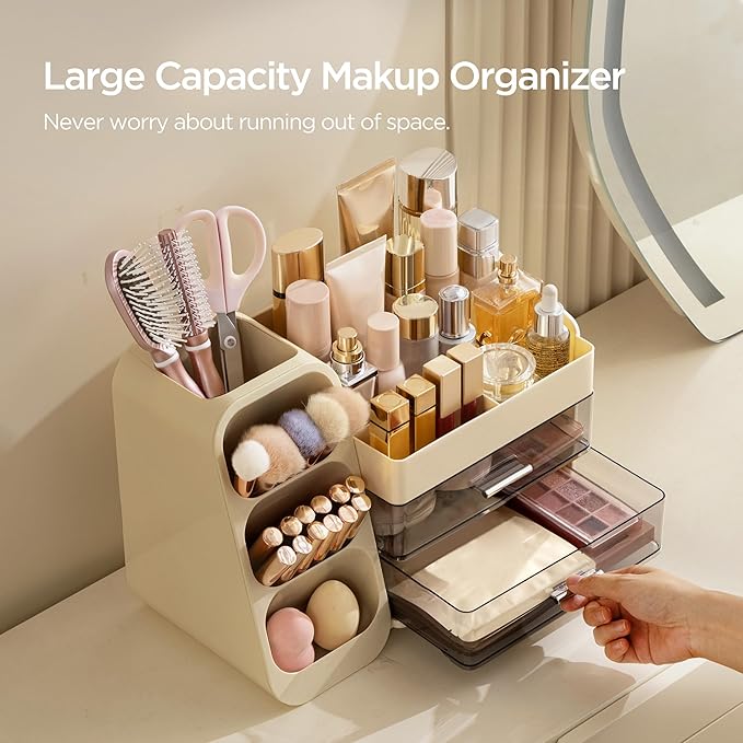 HBlife Makeup Organizer with Brush Holder for Vanity, Large Plastic Bathroom Countertop Organizer Skin Care Storage, Easy to Store Lipsticks, Nail Polishes, Perfumes, Eyeshadow Palettes, Beige