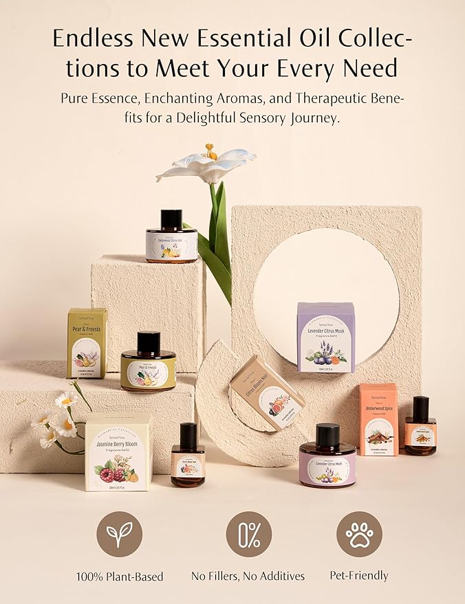 SF101 Pro Waterless Ultrasonic Essential Oil Diffuser–100% Plant-Based,120-Day Natural Air Freshener & Aromatherapy Diffuser for Home,Hotel,Studio-Damask Rose