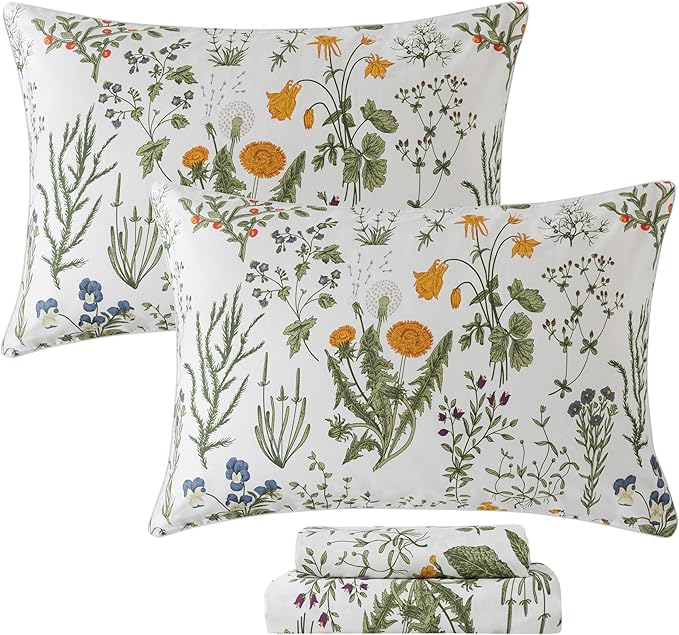 FADFAY Twin XL Sheets Set, 100% Percale Cotton Floral Dorm Bedding, Extra Long Twin Botanical Print Sheets & Pillowcases Yellow Flowers & Leaves, Breathable & Soft Wildflower Bedding for College
