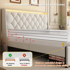 Queen Bed Frame with Storage Headboard and 2 Drawers, Upholstered Button Tufted Platform Bed Frame Queen Size with LED Lights, Charging Station, No Box Spring Needed, Noise Free, Easy Assembly, Beige