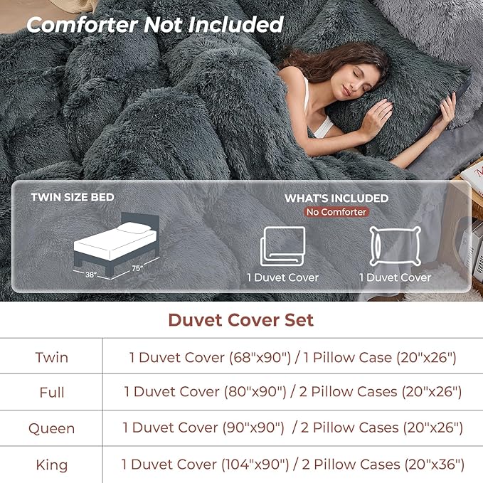 Sasttie 2-Piece Fluffy Duvet Cover Twin/Twin XL, Ultra Soft Faux Fur and Velvet Grey Comforter Cover, Luxury Fuzzy Bedding Sets for Winter Bed, Includes 1 Duvet Cover and 1 Pillowcase, No Comforter