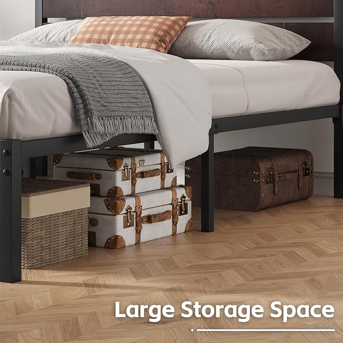 Queen Bed Frame with Headboard and Footboard, with Under Bed Storage, All-Metal Support System, No Box Spring Needed, Easy Assembly, Red Brown