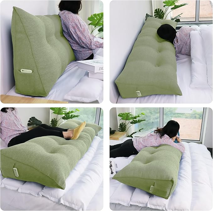 11 lbs Thickened Headboard Pillow Wedge Pillow Headboard Reading Pillow Bed for Comfortable Backrest Reading Triangular Pillow with Side Pocket for Sitting in Bed Cotton Linen Green Queen