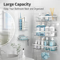 5 Pack Shower Caddy Organizer Rack Shelf for Inside Shower, Self Adhesive Bathroom Wall Storage Basket Rustproof Stainless Steel Large Capacity Shampoo Holder, Silver