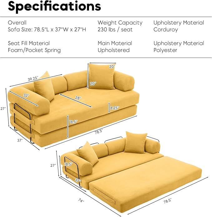 Convertible Sleeper Sofa Bed, Folding Floor Sofa Bed with Fixed-Shape Frame, Corduroy Floor Sleeper Sofa with Storage Pocket, Futon Boneless Sofa Couch for Living Room, Yellow