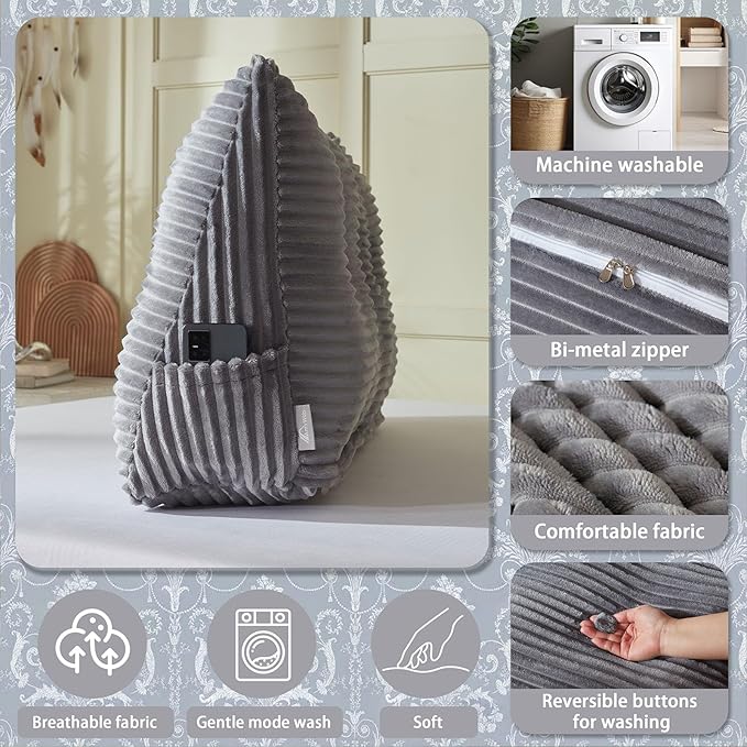 Headboard Wedge Pillow + A Long Neck Roll Pillow Body Pillow，Large Headboard Pillow with Removable Cover (Gray, Twin：39x8x20 inches)