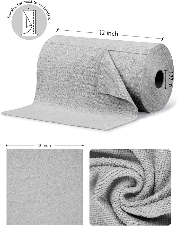 Fantasticlean Microfiber Cleaning Cloth Roll -75 Pack, Tear Away Microfiber Towels, 12" x 12", Reusable, Washable, Scratch Free, Ultra Absorbent Dishcloth for All-Around Cleaning Supplies (Grey)