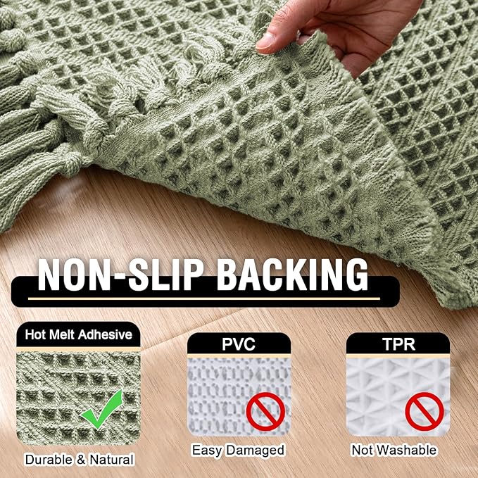 H.VERSAILTEX Waffle Bath Mat Super Absorbent Boho Bath Mat Non Slip Bath Rugs for Bathroom Floor Machine Washable Dry Fast Bathroom Rugs with Tassels (47 x 17 Plus 17 x 24 Inches, Sage)