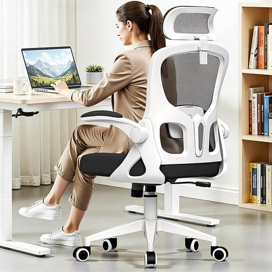 Ergonomic Office Chair - High Back Mesh Computer Desk Chair with Adjustable Lumbar Support & Headrest, Flip-Up Armrests, Tilt Function - Perfect for Gaming, Work, and Study -White