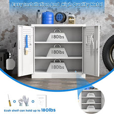 SUXXAN Metal Storage Cabinet with Pegboard 31.5'' x 31.5'' x 16.5'',Lockable Rolling Steel Storage Cabinet with 5 Adjustable Shelves and Door for Garage, Office, Kitchen, Assembly Required(White)