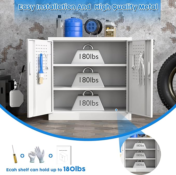 SUXXAN Metal Storage Cabinet with Pegboard 31.5'' x 31.5'' x 16.5'',Lockable Rolling Steel Storage Cabinet with 5 Adjustable Shelves and Door for Garage, Office, Kitchen, Assembly Required(White)