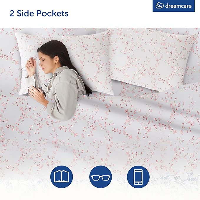 DREAMCARE King Size Sheets - Floral Sheets Bed Set - 4pcs King Sheet - Cooling Bed Sheets - King Size Sheet Sets - Soft & Long Lasting - Floral Blossom DREAMCARE
