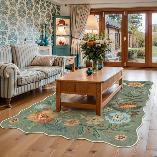 Lahome Floral Living Room Rugs, Area Rugs 5x7 Rug for Bedroom Ultra-Thin Soft Rug, Non-Slip Washable Rugs Stain Resistant Boho Low-Pile Throw Carpet for ‎Dining Room Office (5x7ft,Green)