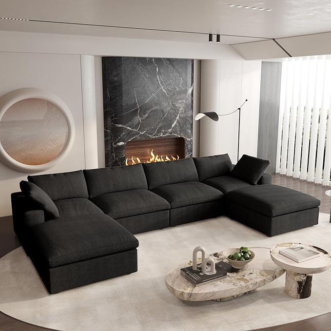 Cloud Couch Modular Sectional Sofa with 2 Storage Ottomans,160.6" U Shaped Sofa Couch,6 Seater Minimalist Wide Deep Seat Convertible Couches, Covers Washable&Replaceable,Black