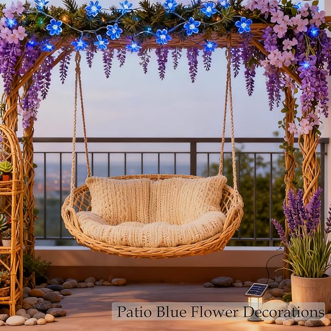 Cute Blue Cherry Blossom Flower Fairy String Lights Indoor Bedroom Decor, 10ft 30 LED Battery & USB Operated Lighted Up Floral lamp for Birthday Wedding Home Valentine Party Decorations (Blue)