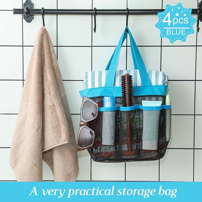 Hillban 4 Pcs Mesh Shower Caddy Portable Large Quick Dry Shower Caddy Basket with Deeper 8 Pockets and 2 Handles Hanging Bag for College Dorm Room(Blue)