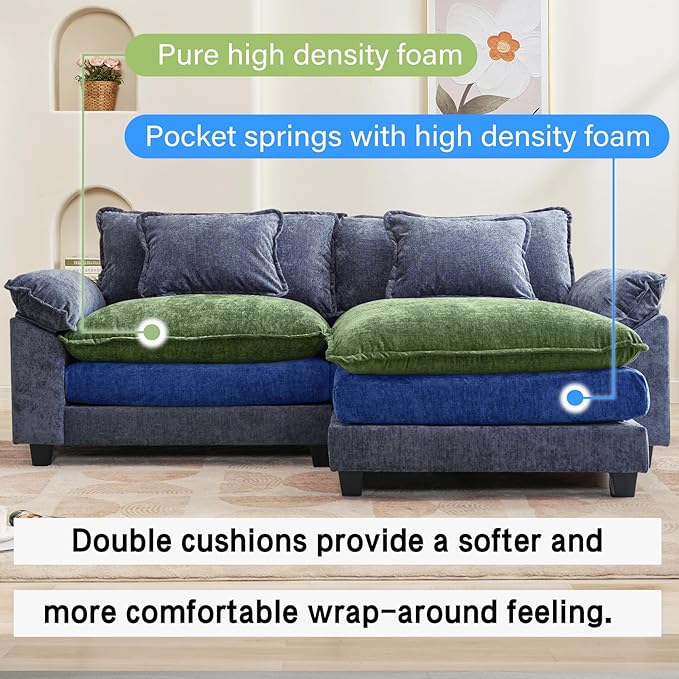 86" Modular Sectional Sofa, Comfy Cloud Couch Sectional Sofa with Ottoman, Chenille Sofa Sleeper Deep Seat Sofa with Throw Pillows for Living Room (Blue, 86"- L Shape)