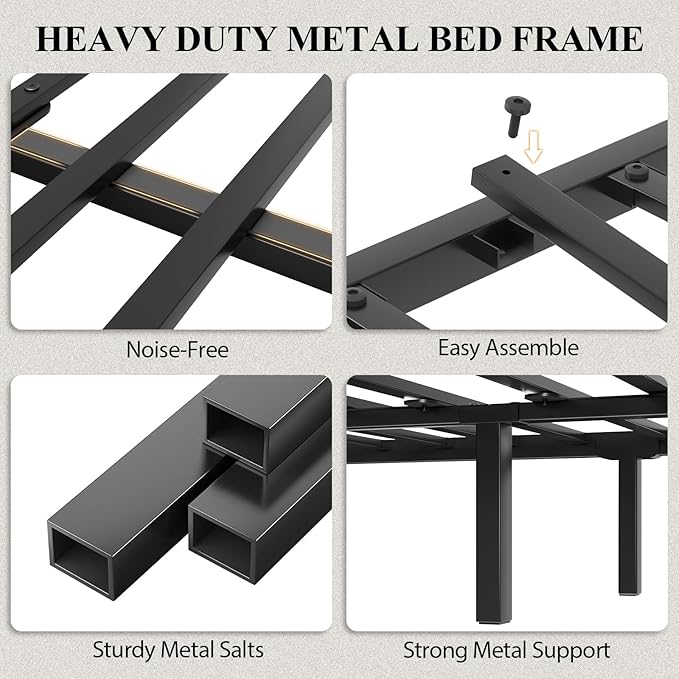 Full Size Bed Frame with Storage Headboard, Industrial Platform Bed with Charging Station and LED Lights, Heavy Duty Metal Slats, No Box Spring Need, Noise Free, Rustic Brown