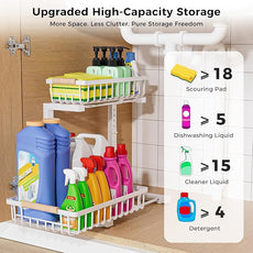 Under Sink Organizer,2 Pack Under Kitchen Sink Organizer,2 Tier Sliding-Out,5 Level Height Adjustable,Thickened Carbon Steel,Anti-rust Treatment,For Kitchen Bathroom White