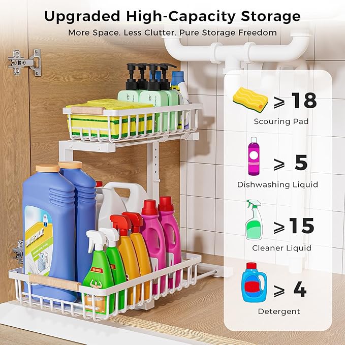 Under Sink Organizer,2 Pack Under Kitchen Sink Organizer,2 Tier Sliding-Out,5 Level Height Adjustable,Thickened Carbon Steel,Anti-rust Treatment,For Kitchen Bathroom White