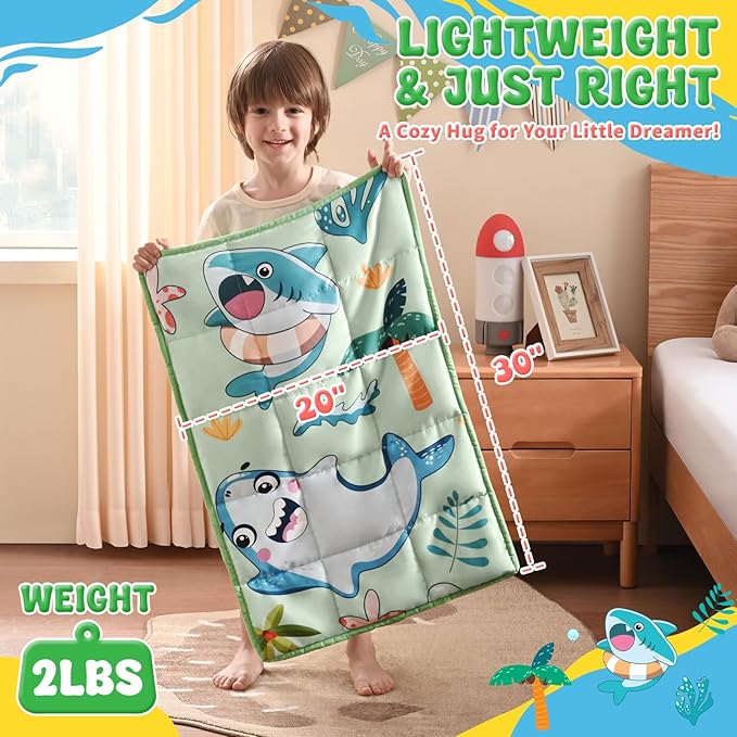 anfie Weighted Lap Pad 2 Pounds, Weighted Blanket Kids(20"*30") Cooling Blanket for Sleeping,Weighted Throw Blanket for Travel Indoor Outdoo(Green Shark)