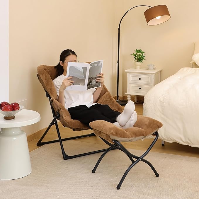 Comfy Saucer Chair for Adults, Soft Faux Fur Bedroom Chair with Ottoman, Accent Dorm Chairs, Living Room Reading Chairs and Footstool, Folding Lounge Seat for Teens, X-Large, Brown