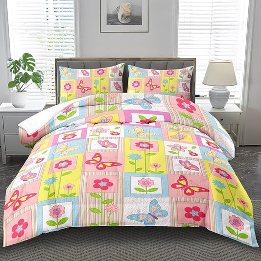 Pink Butterfly Kids Comforter Set Twin Girls Floral Bedding Set Girls Pink Grid Comforter Kids Quilt Bedroom Decor White Purple Blue Pink Butterfly Bedding Bed Decor