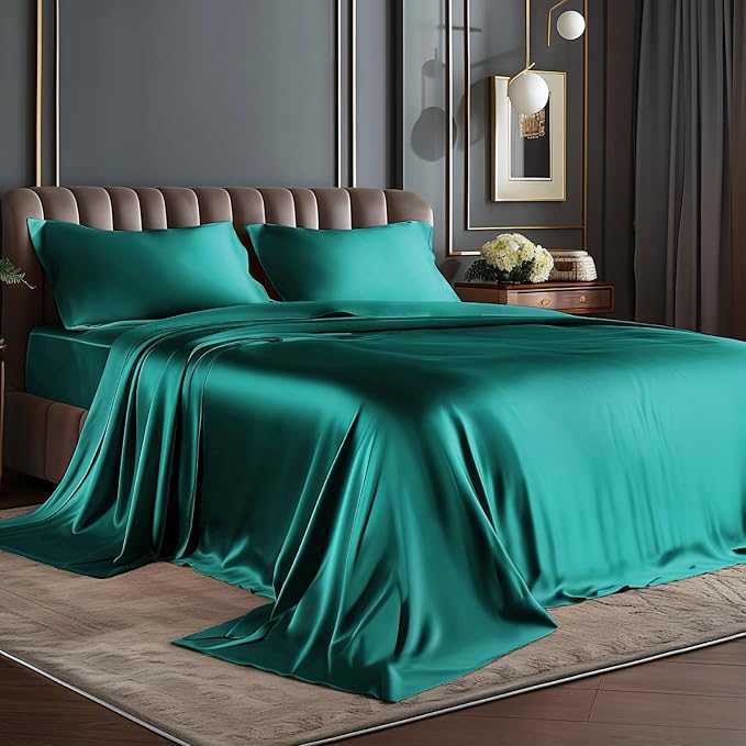 BEDELITE California King Sheets Set, Luxury Soft Teal Satin Sheets for Hair and Skin, Similar to Silk Bed Sheets Set 4 Pieces with 1 Deep Pocket Fitted Sheet, 1 Flat Sheet, and 2 Pillowcases